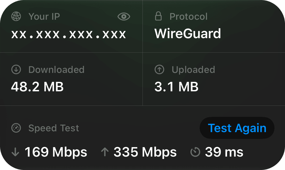 Connection details with a masked IP address and speed test results