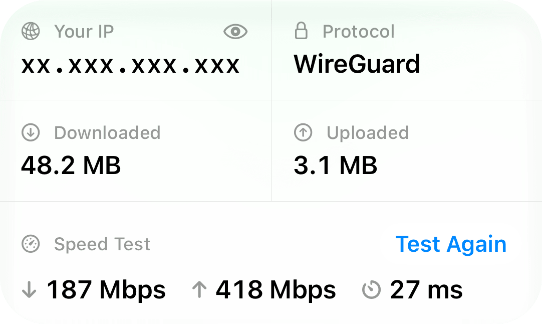 Connection details with a masked IP address and speed test results