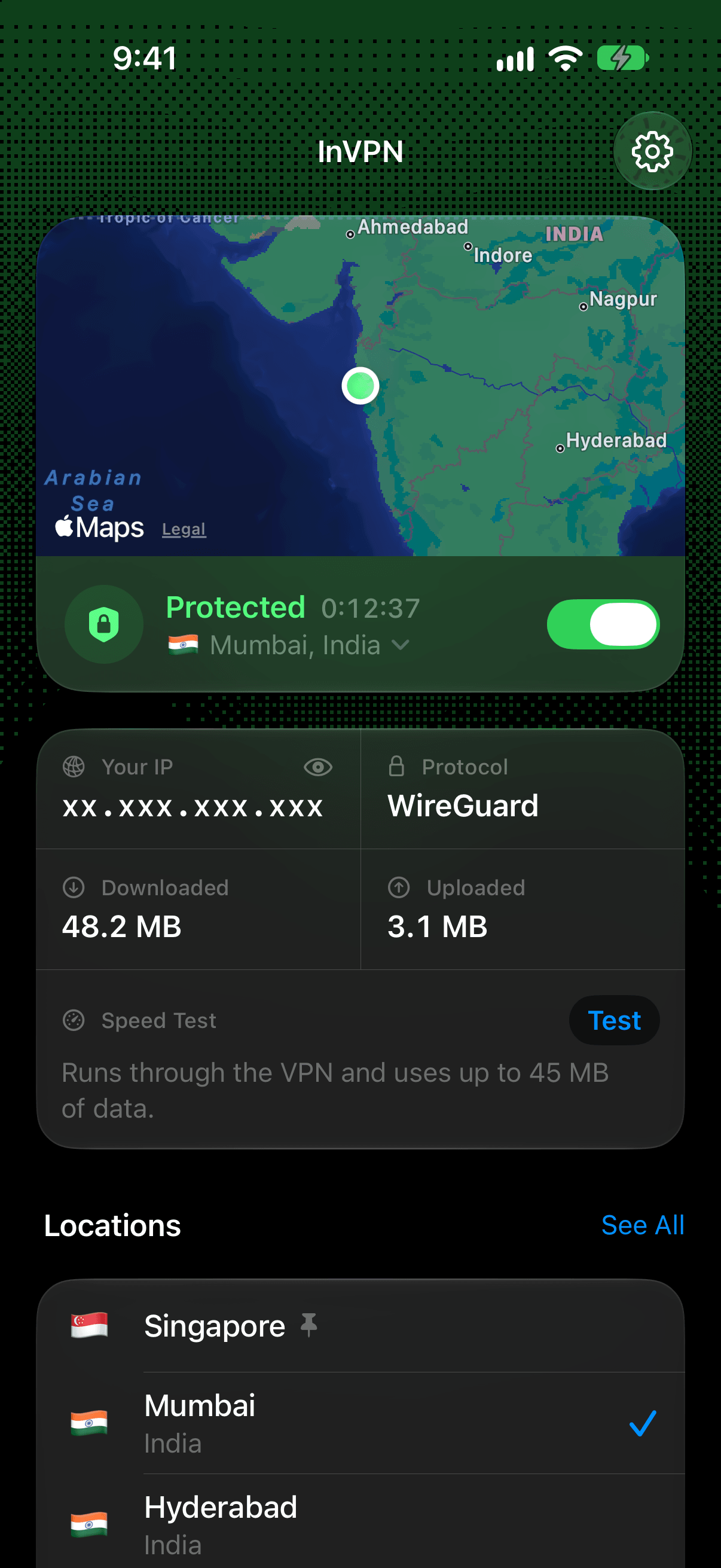 The InVPN Home screen, protected and connected to Mumbai