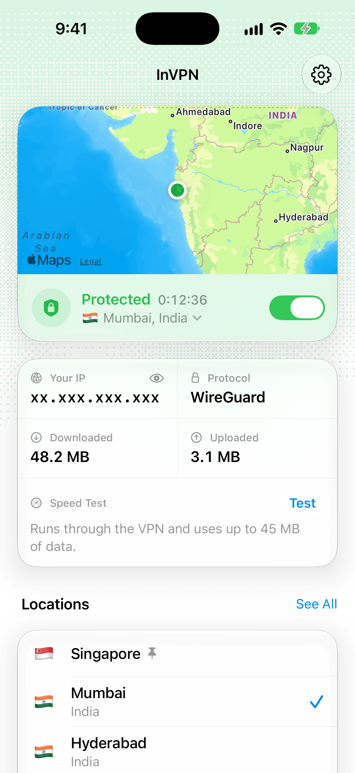 The InVPN Home screen, protected and connected to Mumbai