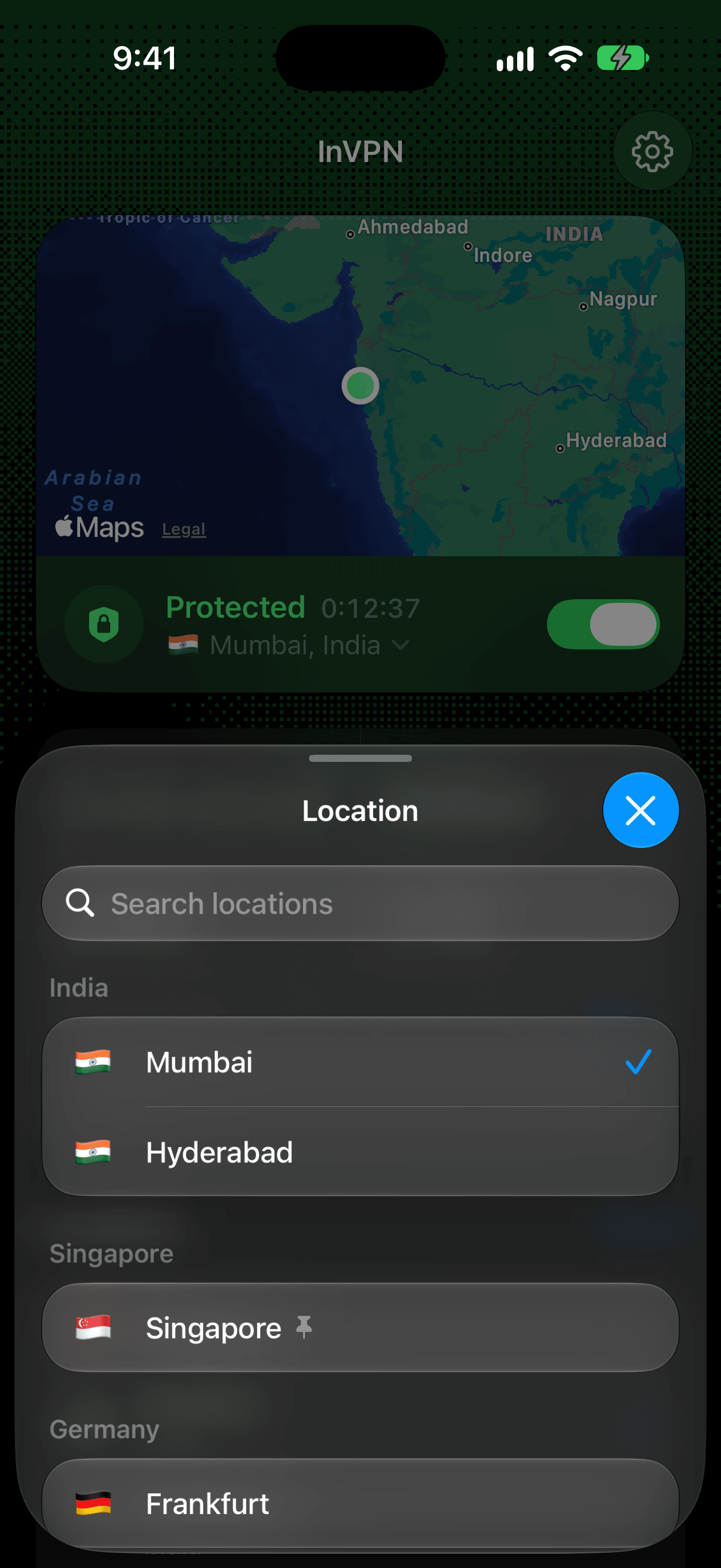The location picker, grouped by country with search