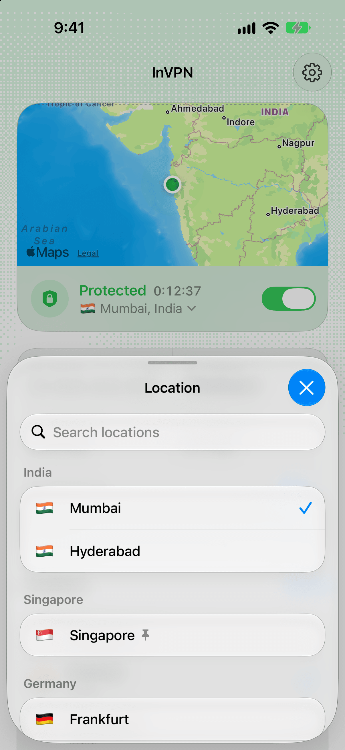 The location picker, grouped by country with search