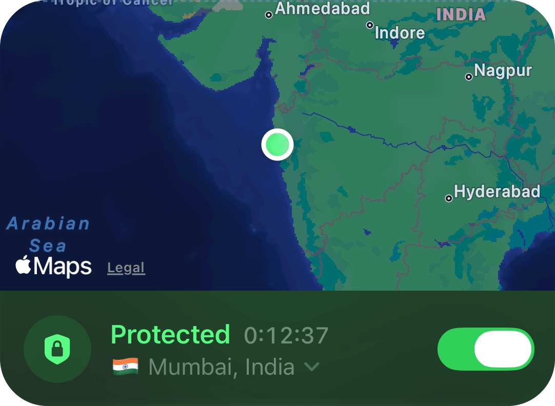 The status card: protected in Mumbai, with the switch on
