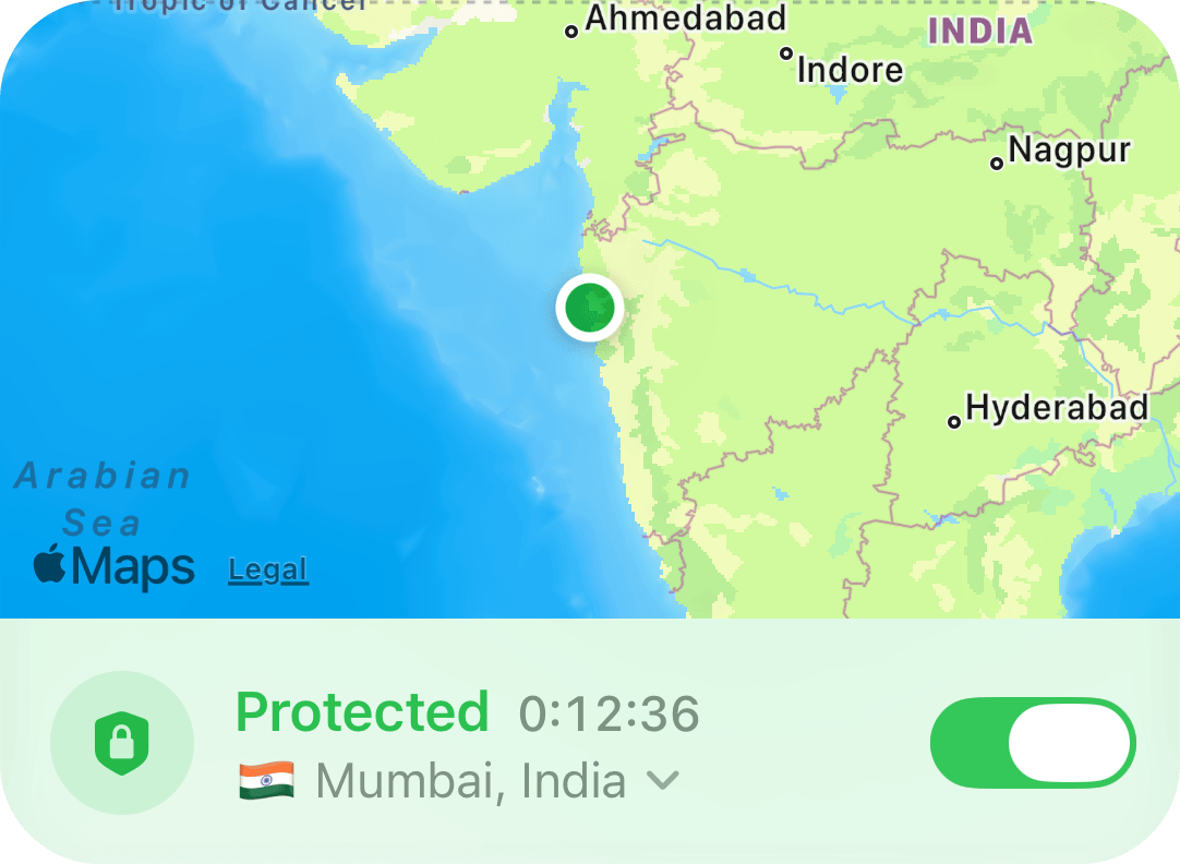 The status card: protected in Mumbai, with the switch on